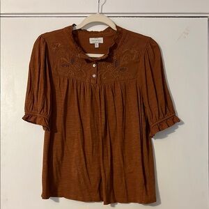 Lucky Brand Brown Blouse with Mandarin Collar and 3/4 Puff Sleeves